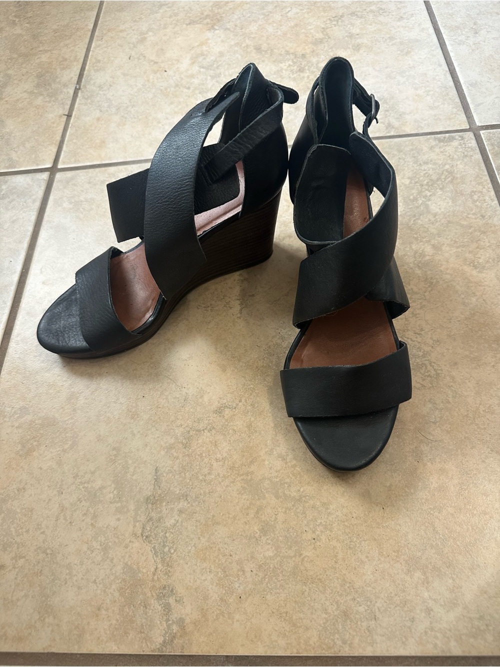 Lucky Brand Black Crisscross Wedge Sandals with Ankle Strap